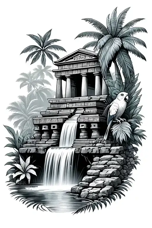 jungle theme tattoo with aztec temple with water fall and a parrot  in black and white for the inner bicep  tattoo design idea