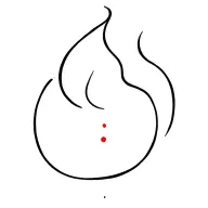 A minimalist flame shape – curved around a half circle, all black with a small red dot at the core tattoo design idea