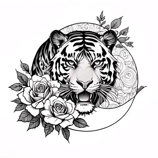 tiger and roses blooming and sun and moon tattoo design idea