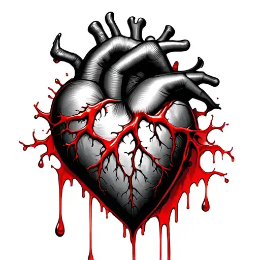 Black heart shape with red veins and red blood dripping down forearm tattoo design idea