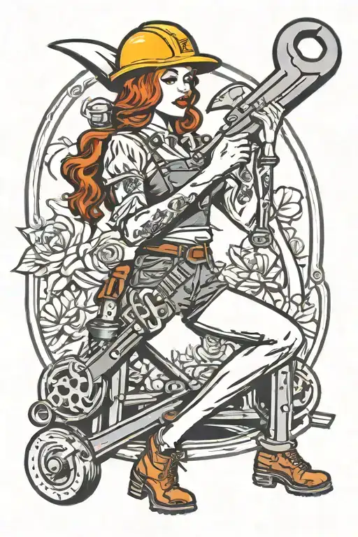 redheaded, pinup, full brim, hardhat pipe wrench crossed tattoo design idea