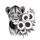 Lioness and cub with sunflowers tattoo design idea