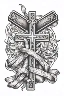 praying hands holding ribbon with three crosses jesus cross tattoo design idea