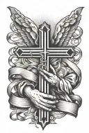 praying hands holding ribbon with three crosses jesus cross tattoo design idea