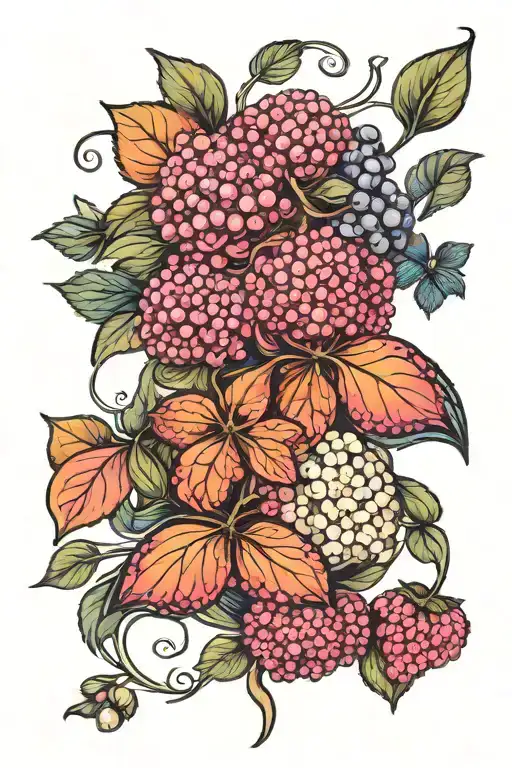 art nouveau blueberries, fucshia, hydrangea tattoo design idea