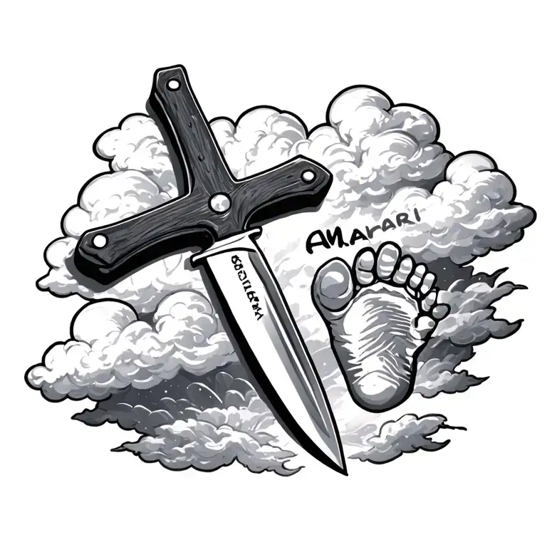 Knife like a cross surrounded with clouds and footprint of baby and a name AMARI tattoo design idea