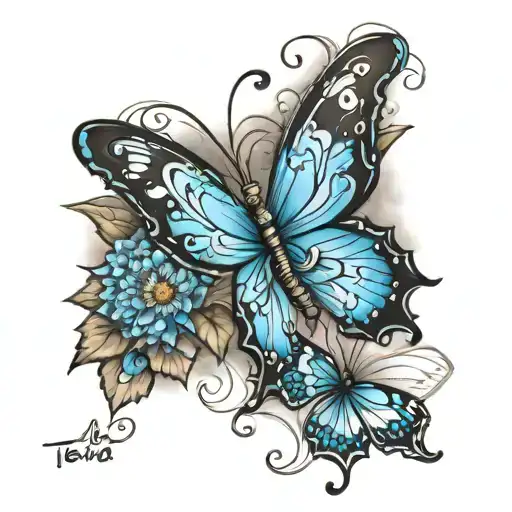 ALS awareness tattoo with blue cornflowers in black and white with a blue butterfly with the words TeeTee, ALS tattoo design idea