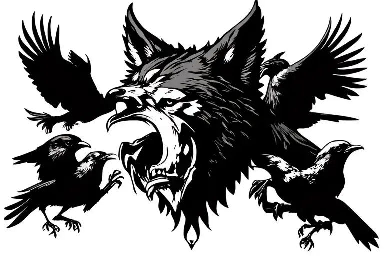 "Memento mori" Small Wolf head and three Crows fighting and death embracing represented in their fight tattoo design idea