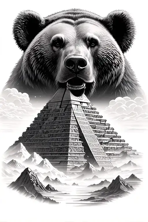 mountain peaks with bear mirage of egyptian pyramid with tribal below tattoo design idea