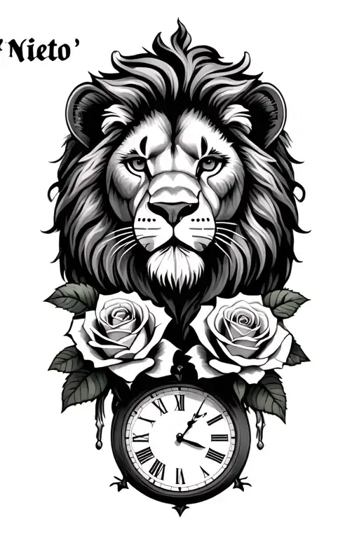 "Nieto" lion with 4 roses and clock at background  tattoo design idea