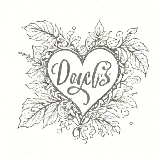 fine line heart with name Vinicius, Davi and Isis and a leaf branch tattoo design idea