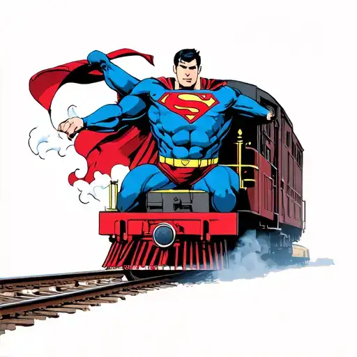 superman stopping a locomotive steam train tattoo design idea