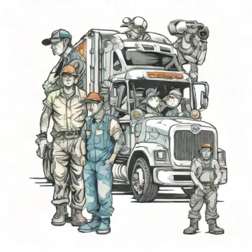 truck driver, plumber surrounded by anime characters tattoo design idea