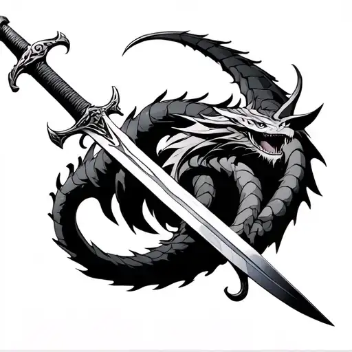 Zweihander sword, with coiling wyvern, cybercigilism neotribal style. tattoo design idea