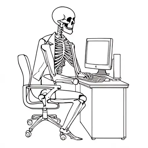 2d sideways on image - skeleton in a suit sitting at desk with old computer  tattoo design idea