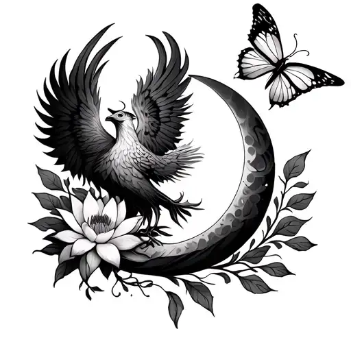 small spine tattoo featuring phoenix, butterfly, leo zodiac sign, lotus flower and half moon tattoo design idea
