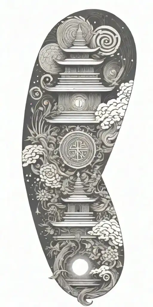 Blend Buddhist symbols, fine-line wood grain, anime elements, and subtle gaming symbols into a cohesive, flowing design tattoo design idea