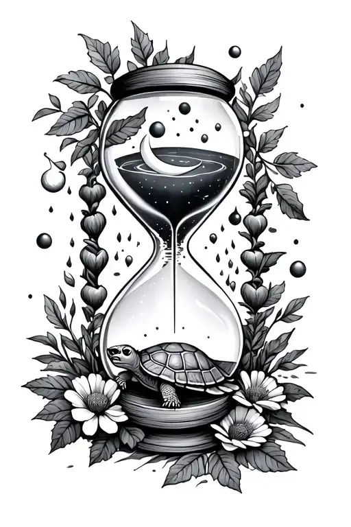 hour glass with leaves falling, a turtle, some flowers, some space elements, crescent moon, laughter tattoo design idea