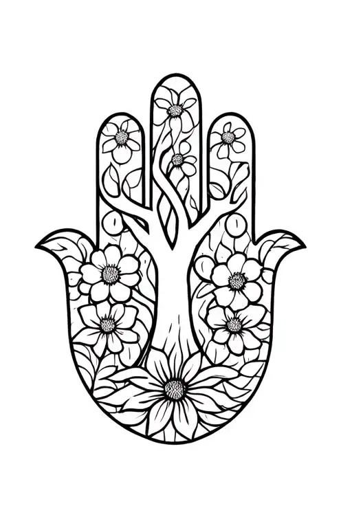 Hamsa tattoo with tree of life in the hamsa and 3 anemone flowers on the outside of the hamsa, tattoo design idea