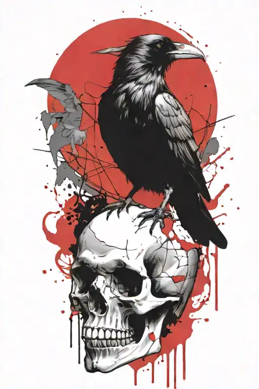 Raven perched on skull tattoo design idea