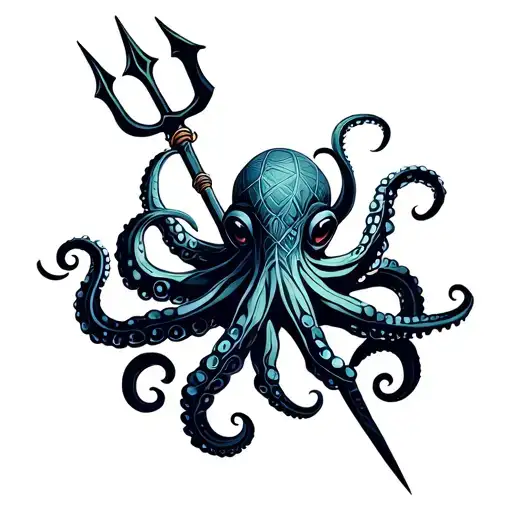 octopus holding a Trident with tentacle  tattoo design idea