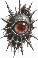 Satanic Realistic Eye, cracked and bleeding. dark black blood red. Bleeding Thorns black spider web and Silver Horns tattoo design idea