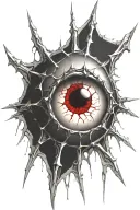 Satanic Realistic Eye, cracked and bleeding. dark black blood red. Bleeding Thorns black spider web and Silver Horns tattoo design idea