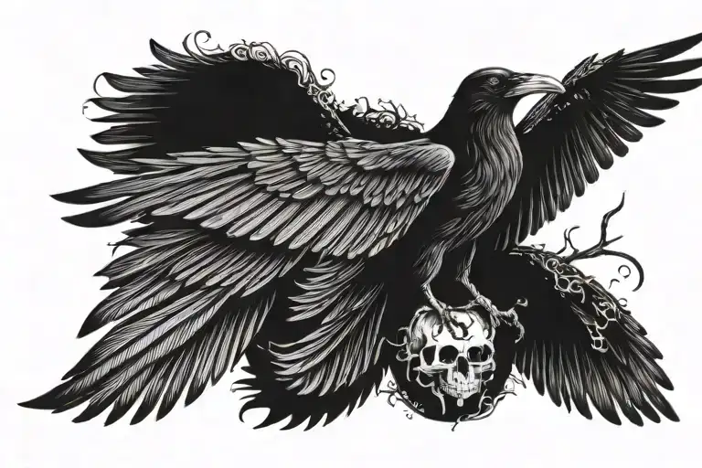 A raven with its wings opened. Its corpse and its head are skeletons and the wings and the tail are still with feathers tattoo design idea