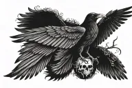 A raven with its wings opened. Its corpse and its head are skeletons and the wings and the tail are still with feathers tattoo design idea