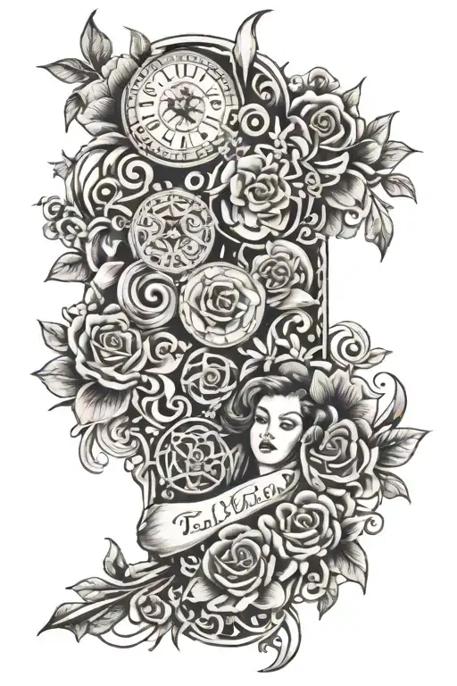 a full arm sleeve traditional style tattoo. featuring nostalgia, random things. including the names Tatiana, Cohen, Reub tattoo design idea