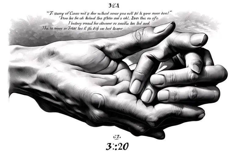the hands of "creation of Adam" and the Bible verse revelation 3:20 in Roman numerals below it tattoo design idea