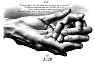the hands of "creation of Adam" and the Bible verse revelation 3:20 in Roman numerals below it tattoo design idea