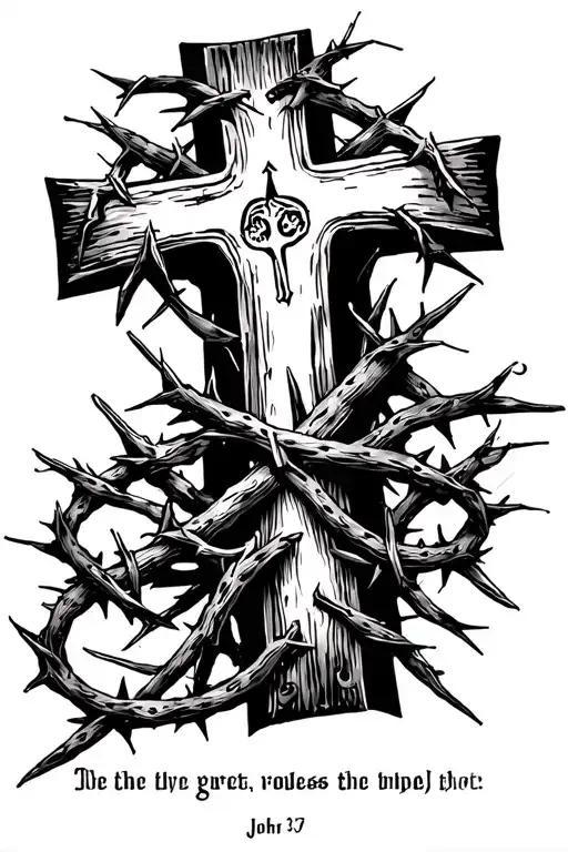 three nail cross with crown of thorns with the verse john 13:7 tattoo design idea