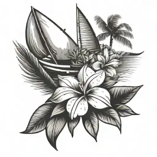 coconut and frangipani and sailboat tattoo design idea