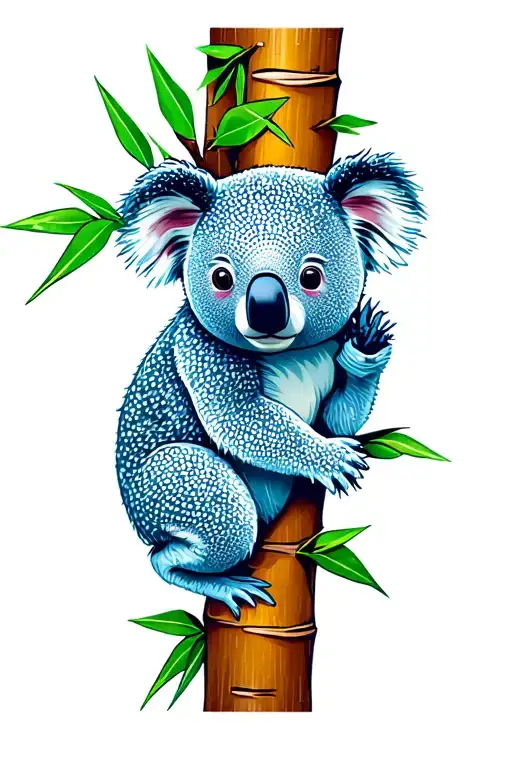 koala bear with blue attached to tree with bamboo  tattoo design idea