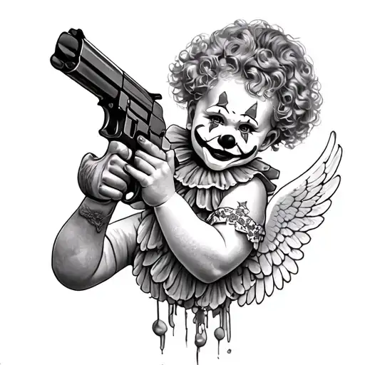 clown baby angel holding gun tattoo design idea