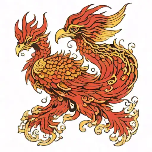 red phoenix with open wings  on the side of the back, approximately 8-12 cm length tattoo design idea