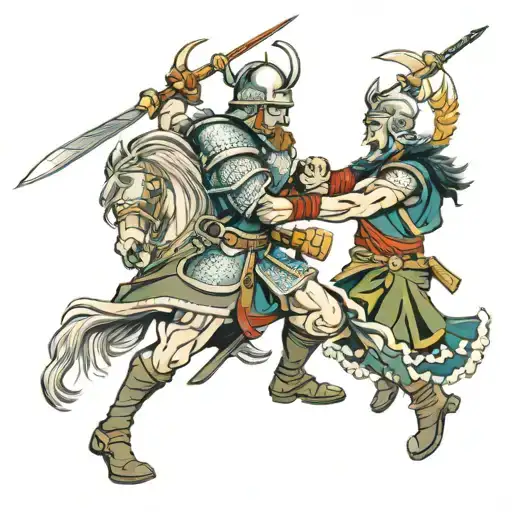 battle between germanic and scottish warriors tattoo design idea