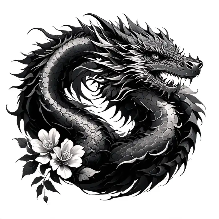 Minimalist dragon of the entire back with Greezes of spirituality, awakening and light along the way. With cherry flowers tattoo design idea