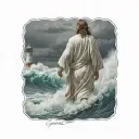 Hyper Realistic, Portrait of Jesus Christ walking on stormy waves from the back towards a Lighthouse in the distance,  tattoo design idea