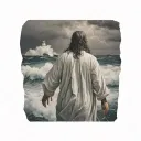 Hyper Realistic, Portrait of Jesus Christ walking on stormy waves from the back towards a Lighthouse in the distance,  tattoo design idea