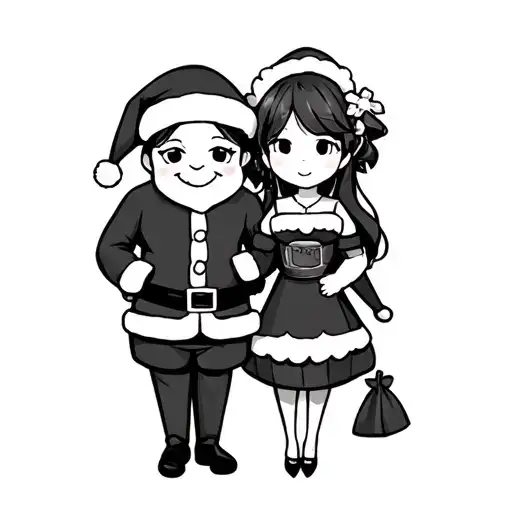 Japanese anime husband and wife dressed as Mr and Mrs Santa clause tattoo design idea