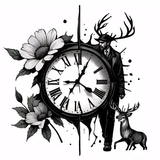 broken clock face and alone man walking and dead flower with deer tattoo design idea