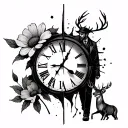 broken clock face and alone man walking and dead flower with deer tattoo design idea