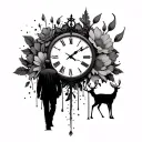 broken clock face and alone man walking and dead flower with deer tattoo design idea