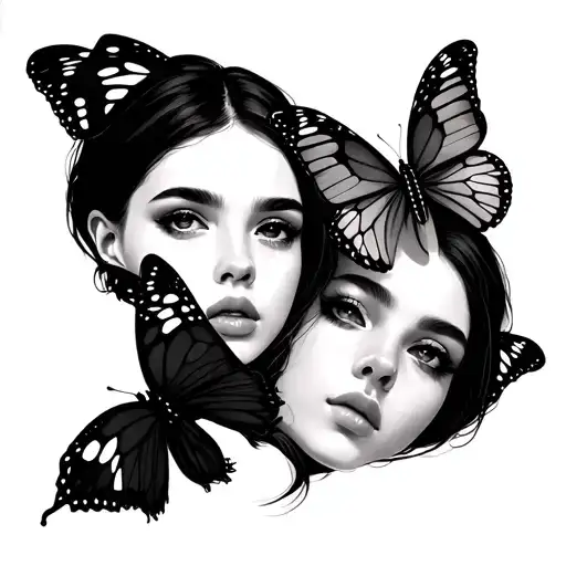2 butterflies and the face of 3 girls made with lines tattoo design idea