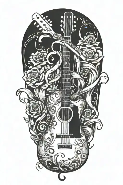 A tattoo design featuring a guitar and a fork intertwined, symbolizing your love for music and great food tattoo design idea