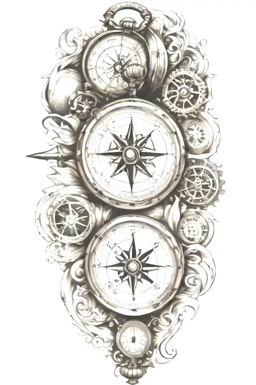 compass and pocket watch with scroll wrapped tattoo design idea