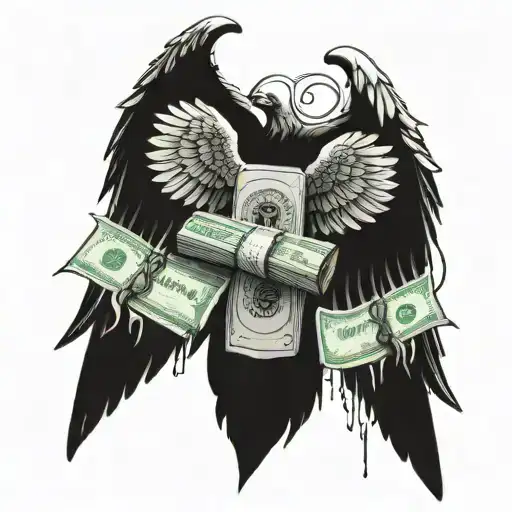 A tattoo featuring a stack of money with angel wings, symbolizing the client's passion for money and death and drugs tattoo design idea