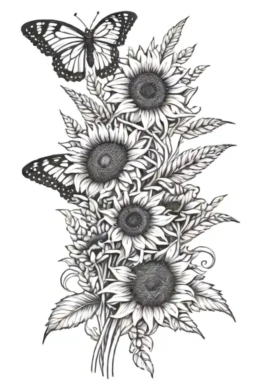 sunflowers butterflies wheat stalk intertwined tattoo design idea